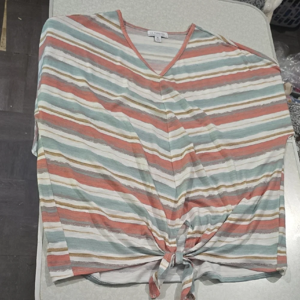 Relaxed‎ Green and Pink Tie Front Short Sleeve Blouse